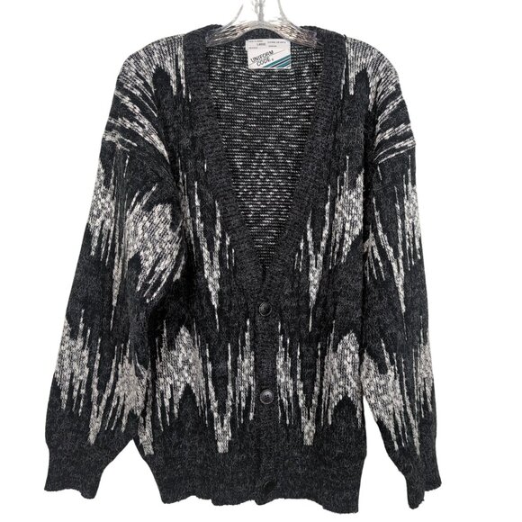 Vintage Uniform Code Cardigan Sweater Sz L Black White Abstract Knit wool nylon - Picture 1 of 15